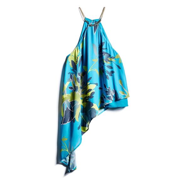 Marciano Blue Tropical Floral Print Halter Gold Chain Asymmetric Top Size Small - Picture 1 of 11